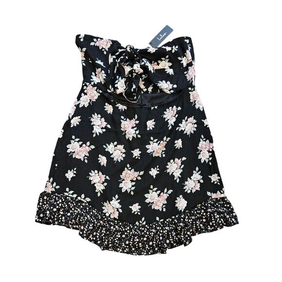 Lulus Strapless Tie Front Mini Dress Womens XL Black Floral Boho Festival Party - Picture 1 of 10
